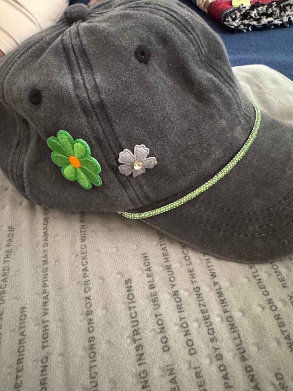 Gray Baseball Cap with Green Flower Patch